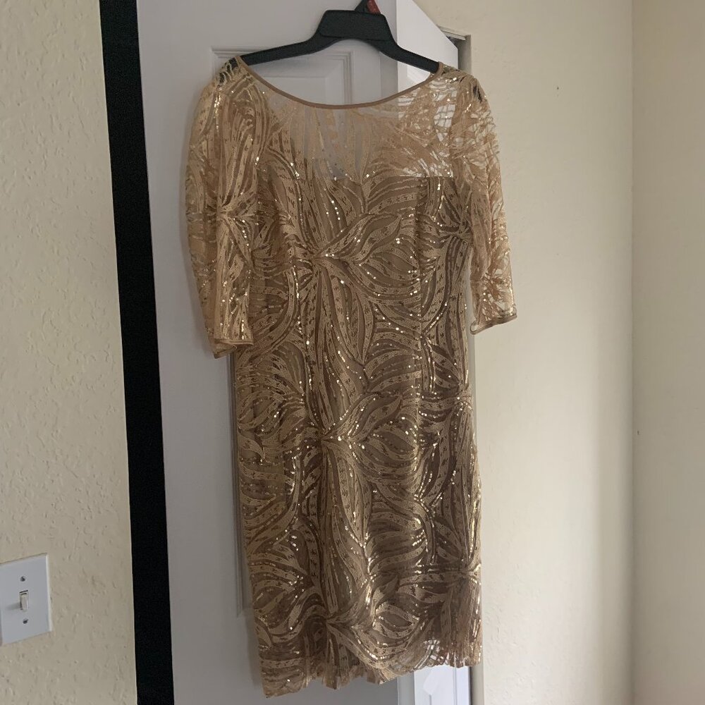 Nordstrom Tahari ASL Gold Metallic Bead and Sequin Dress Size 10